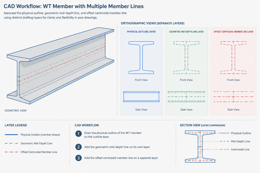 Structural Tee (WT) Shapes: Designations, Orientation, and Detailing Geometry structural steel illustration