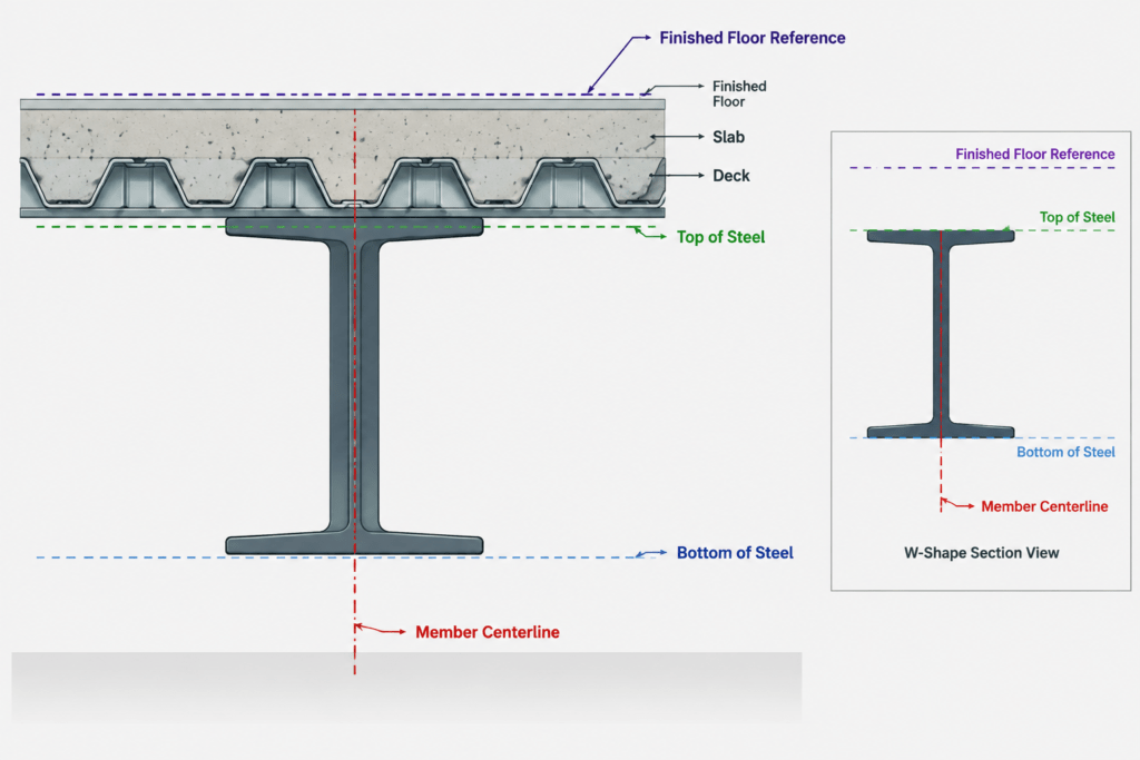 Top of Steel Elevations in Structural Drawings: TOS, BOS, Slopes, and Camber structural steel illustration