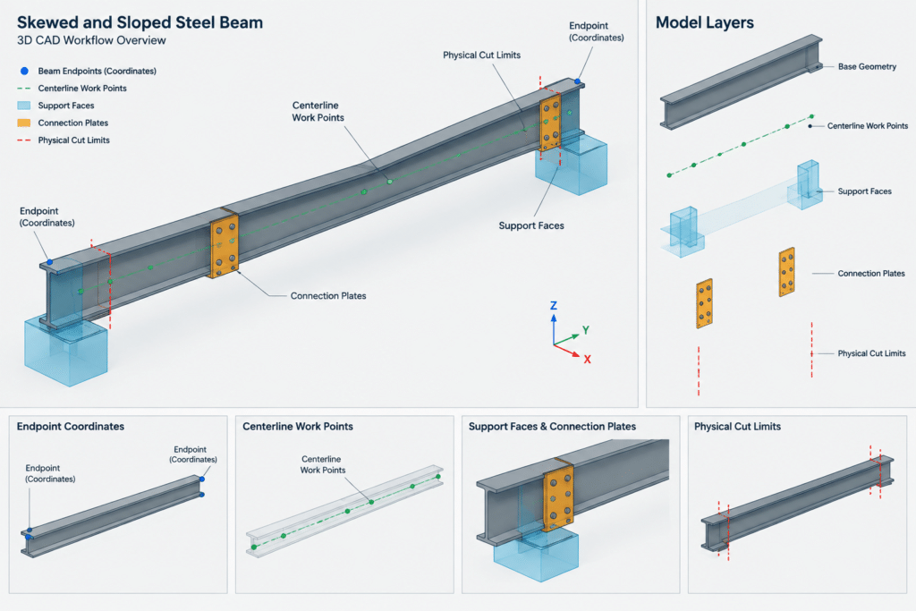True Length vs. Plan Length for Sloped Steel Members: A Detailing and CAD Guide structural steel illustration