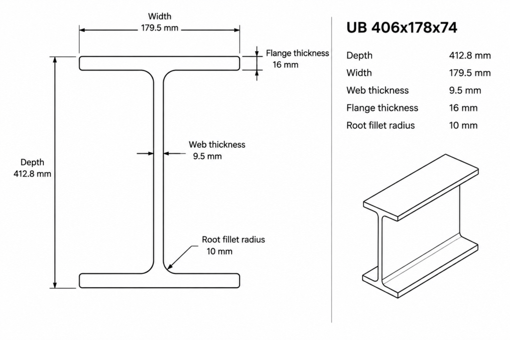 UB 406x178x74 structural steel illustration