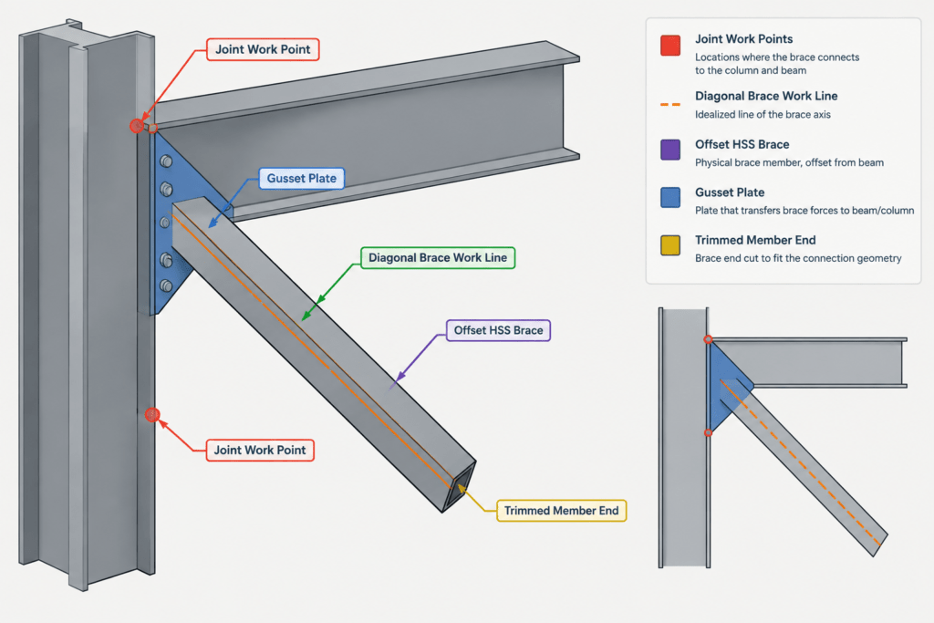 Work Points, Member Centerlines, and Setbacks in Structural Steel Detailing structural steel illustration
