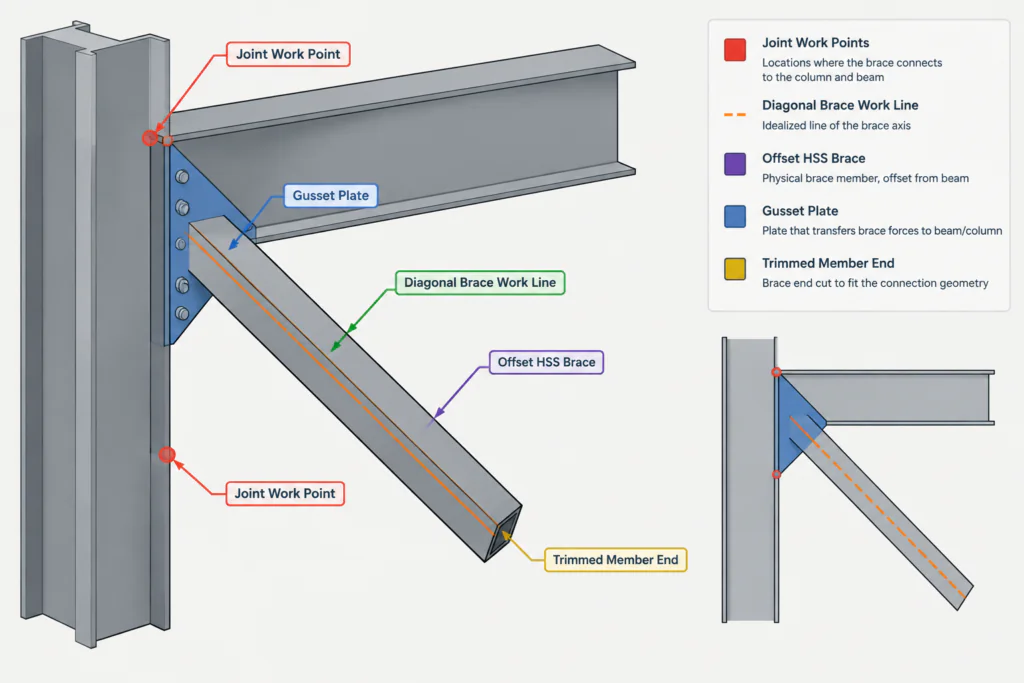 Work Points, Member Centerlines, and Setbacks in Structural Steel Detailing structural steel illustration
