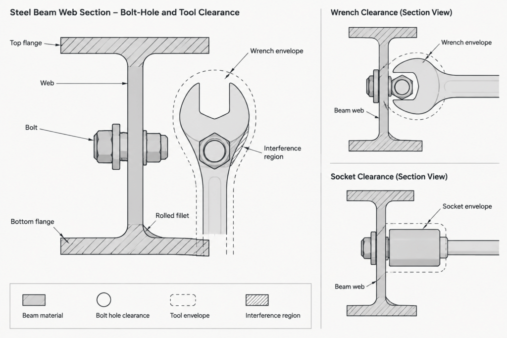 Wrench Clearance in Structural Steel Connections: Detailing for Bolt Installation and Tightening structural steel illustration