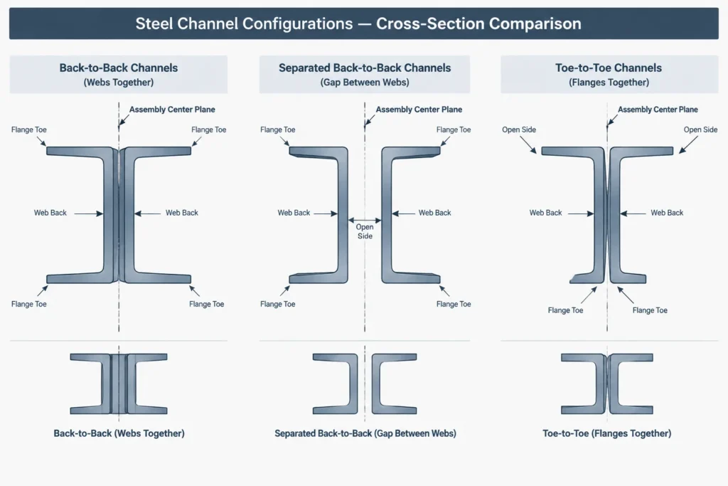 Back-to-Back Steel Channels: Spacing, Built-Up Properties, and Detailing Datums structural steel illustration