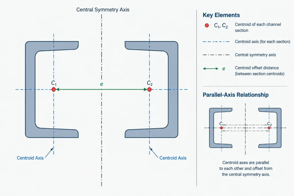 Back-to-Back Steel Channels: Spacing, Built-Up Properties, and Detailing Datums structural steel illustration