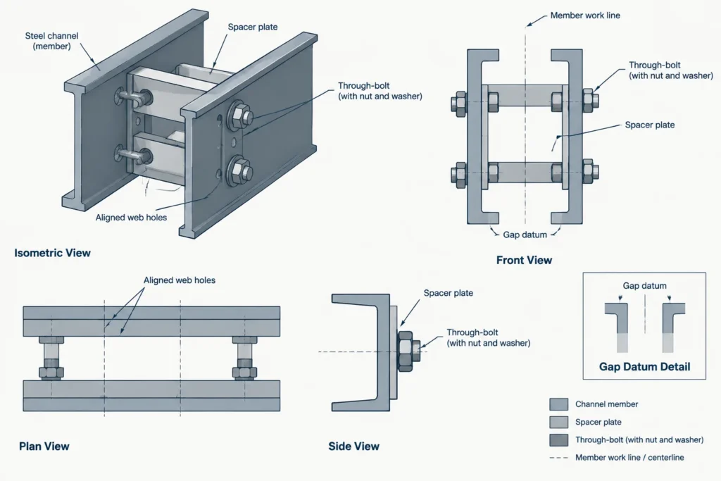 Back-to-Back Steel Channels: Spacing, Built-Up Properties, and Detailing Datums structural steel illustration