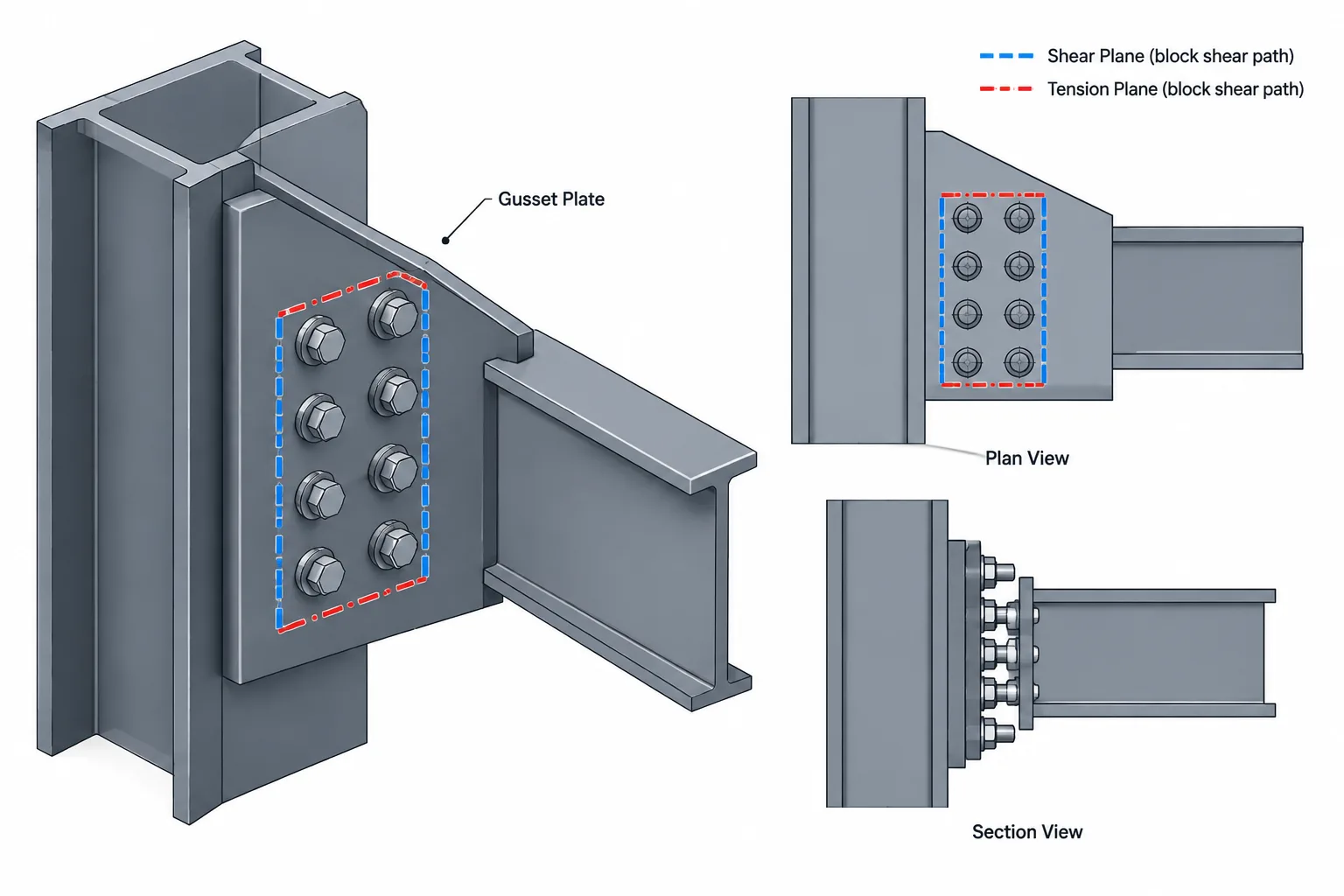 Block Shear Paths in Steel Connections: A Practical Guide to Plates, Angles, Tees, and Gussets structural steel illustration