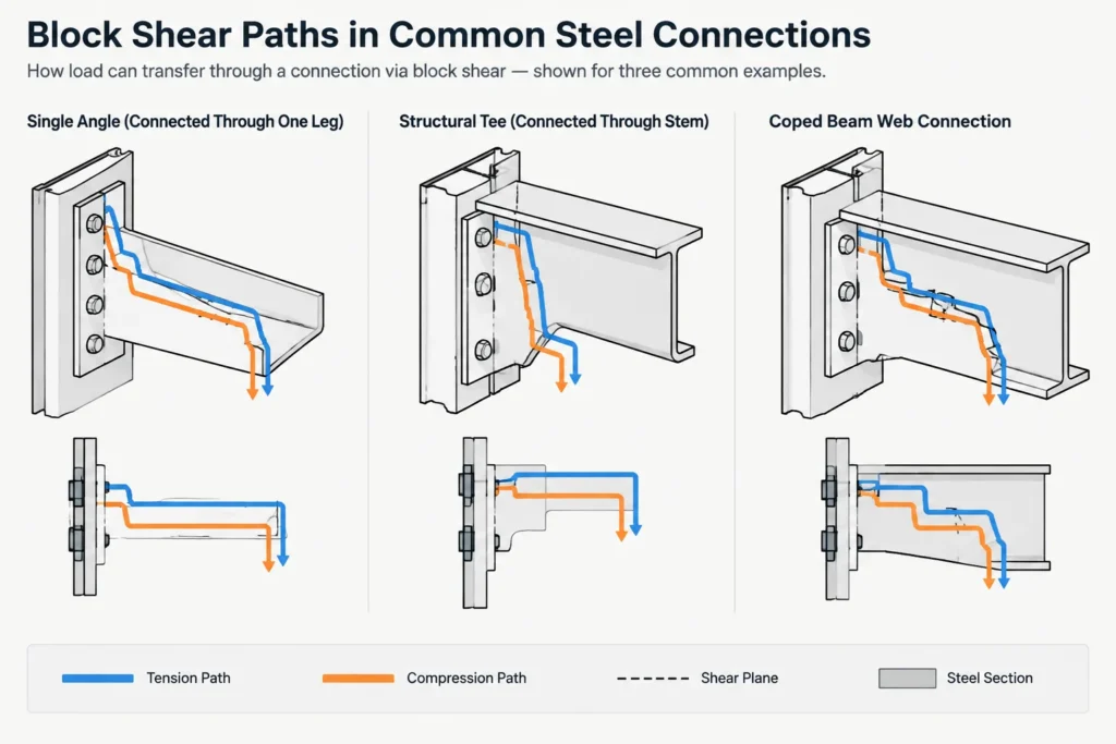 Block Shear Paths in Steel Connections: A Practical Guide to Plates, Angles, Tees, and Gussets structural steel illustration