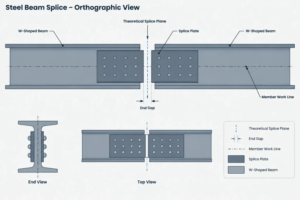 Bolted Steel Beam Splices: Web Plates, Flange Plates, Datums, and Detailing Coordination structural steel illustration