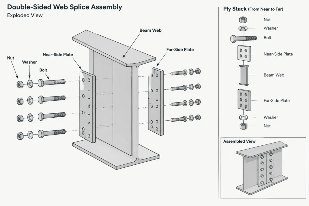 Bolted Steel Beam Splices: Web Plates, Flange Plates, Datums, and Detailing Coordination structural steel illustration