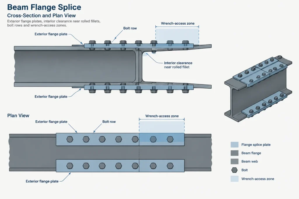 Bolted Steel Beam Splices: Web Plates, Flange Plates, Datums, and Detailing Coordination structural steel illustration