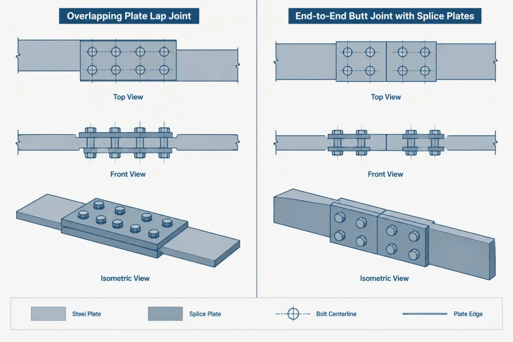 Bolted Steel Lap Joints: Overlap, Ply Stack-Up, Eccentricity, and Detailing structural steel illustration