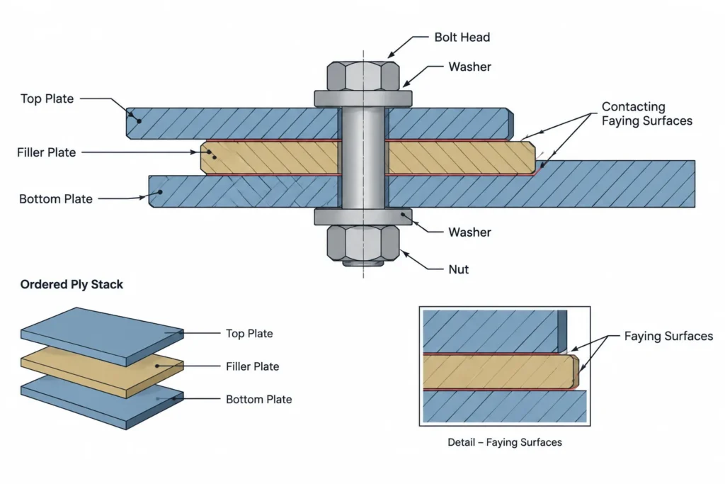 Bolted Steel Lap Joints: Overlap, Ply Stack-Up, Eccentricity, and Detailing structural steel illustration