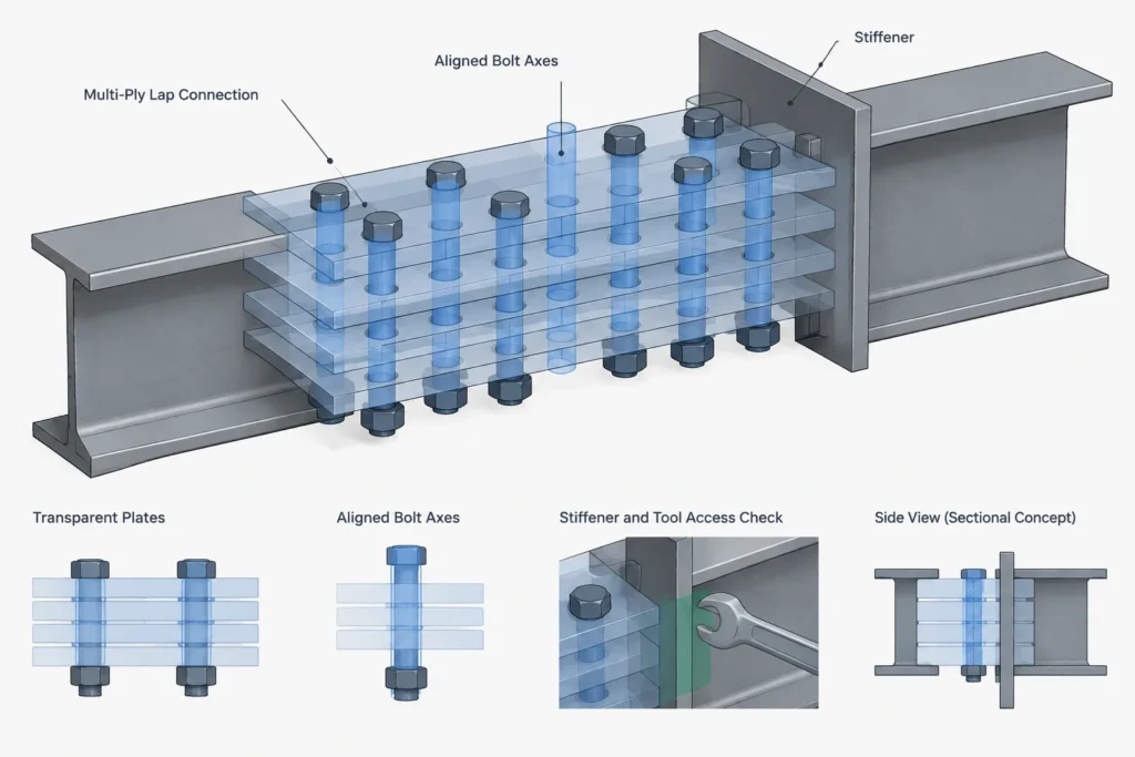 Bolted Steel Lap Joints: Overlap, Ply Stack-Up, Eccentricity, and Detailing structural steel illustration