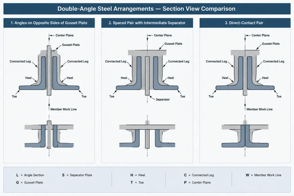 Built-Up Double-Angle Members: Spacing, Stitch Connections, and Detailing Datums structural steel illustration
