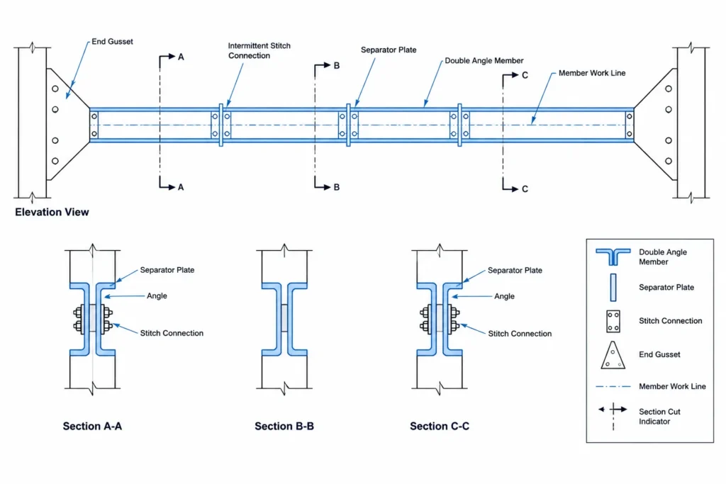 Built-Up Double-Angle Members: Spacing, Stitch Connections, and Detailing Datums structural steel illustration