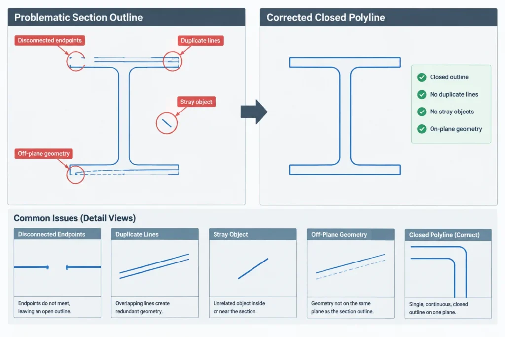 Cleaning Structural Steel Shape Profiles in CAD: Polylines, Fillets, Origins, and Geometry Checks structural steel illustration