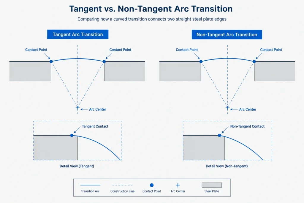 Dimensioning Curved Steel Plate Profiles: Radii, Arc Centers, Chords, and Tangent Points structural steel illustration