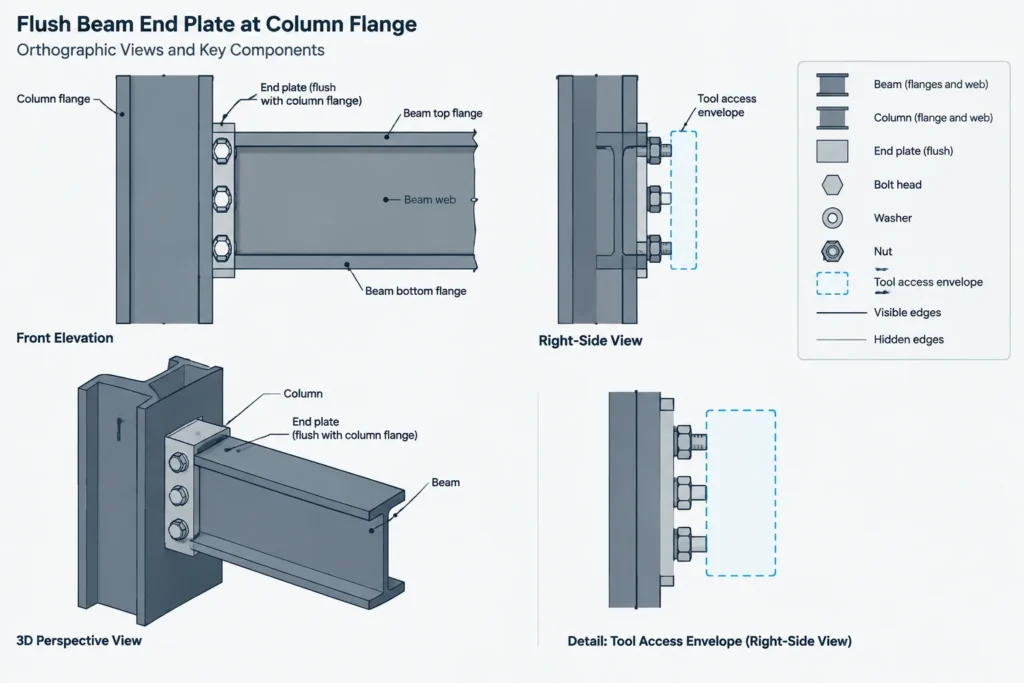Flush vs. Extended End-Plate Steel Connections: Geometry, Bolt Layout, and Detailing Coordination structural steel illustration