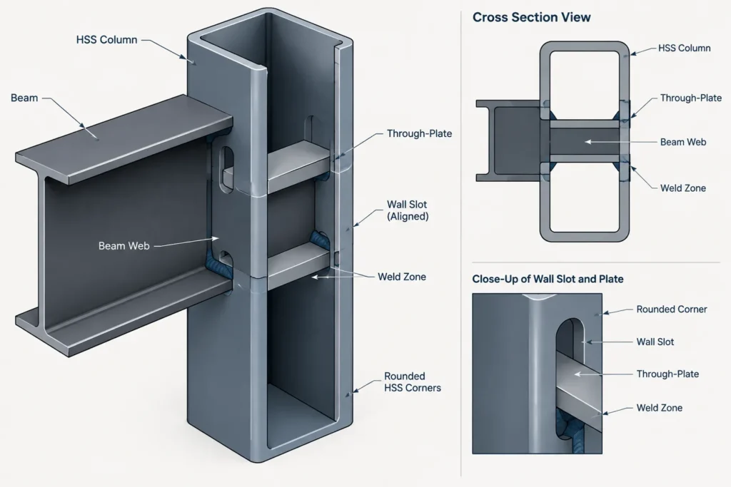 Framing Steel Beams into HSS Columns: Face Datums, Connection Zones, and Detailing Coordination structural steel illustration