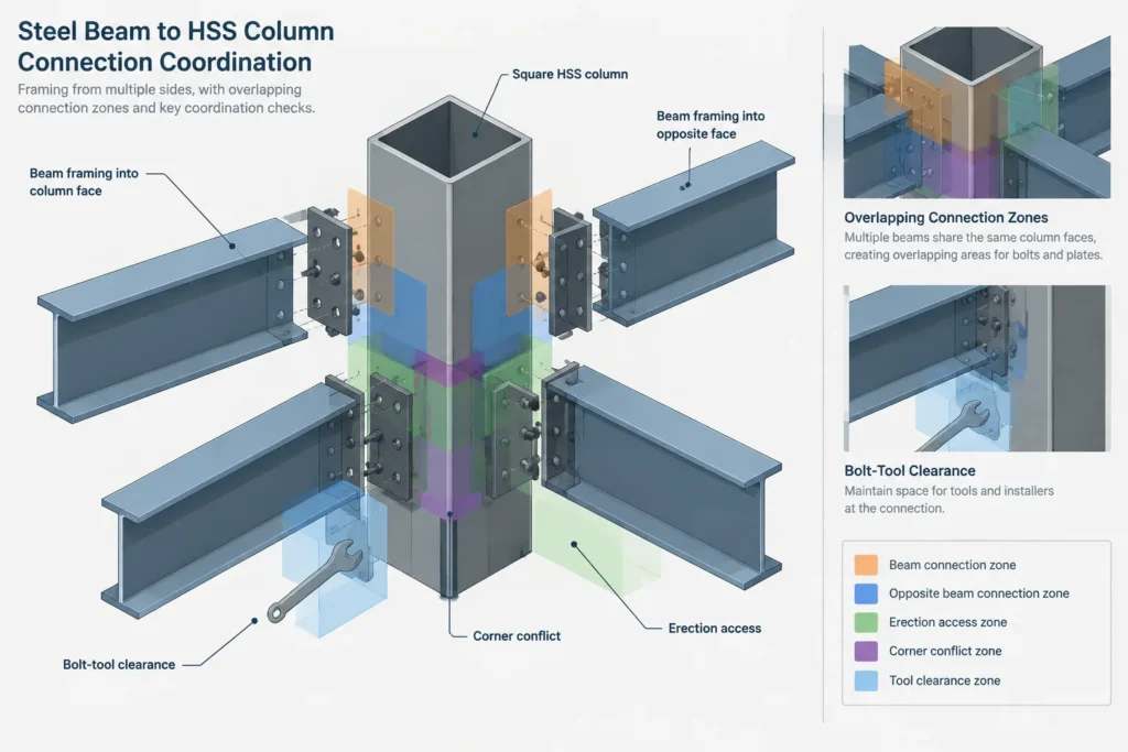 Framing Steel Beams into HSS Columns: Face Datums, Connection Zones, and Detailing Coordination structural steel illustration