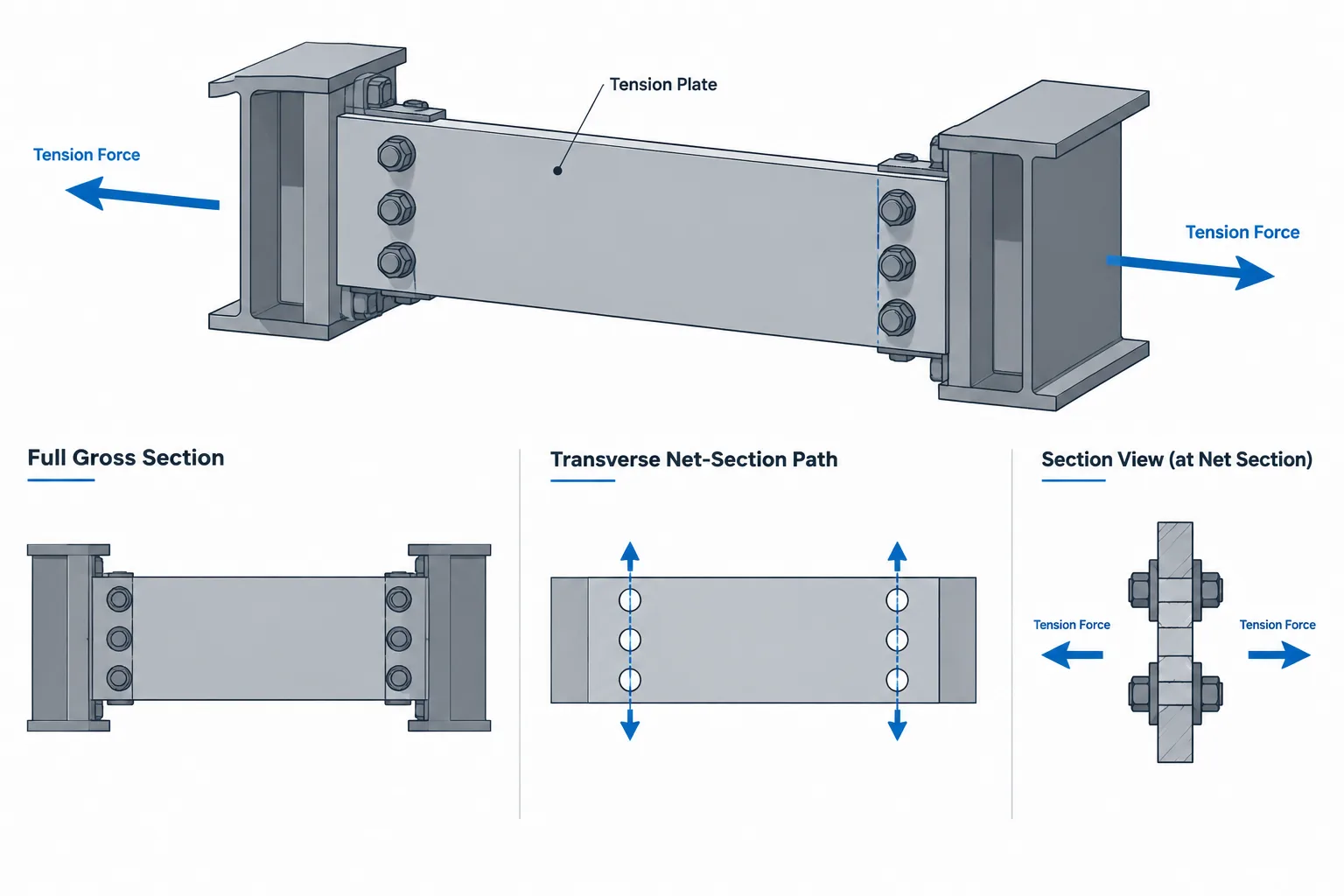 Gross Area, Net Area, and Effective Net Area in Steel Tension Members structural steel illustration