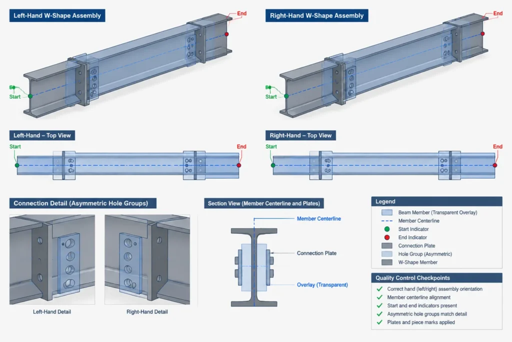 Handed Structural Steel Assemblies: Left-Hand, Right-Hand, and Mirror-Image Detailing structural steel illustration
