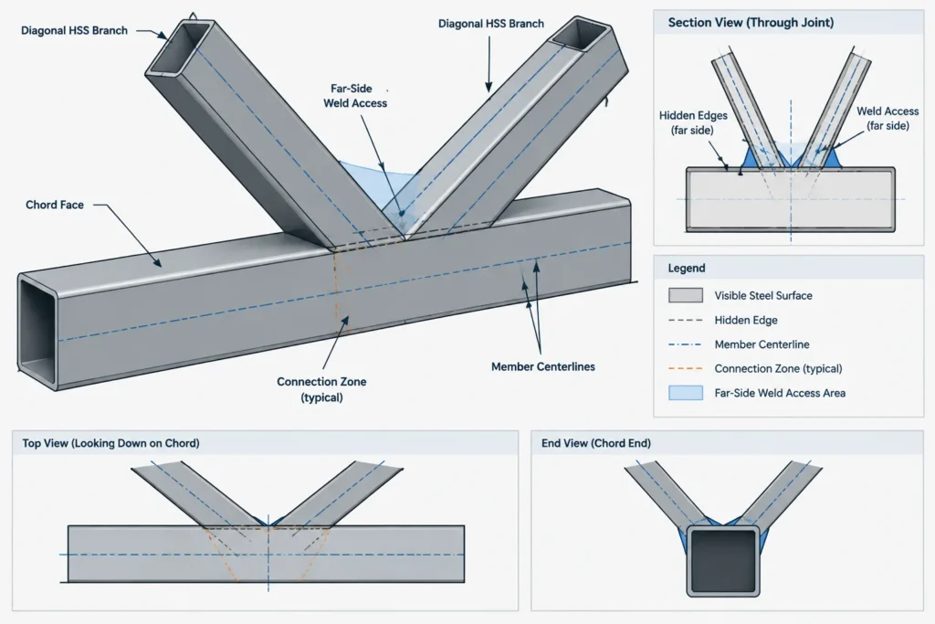 HSS Branch Connections: Work Points, Cut Profiles, Gaps, and Weld Access structural steel illustration