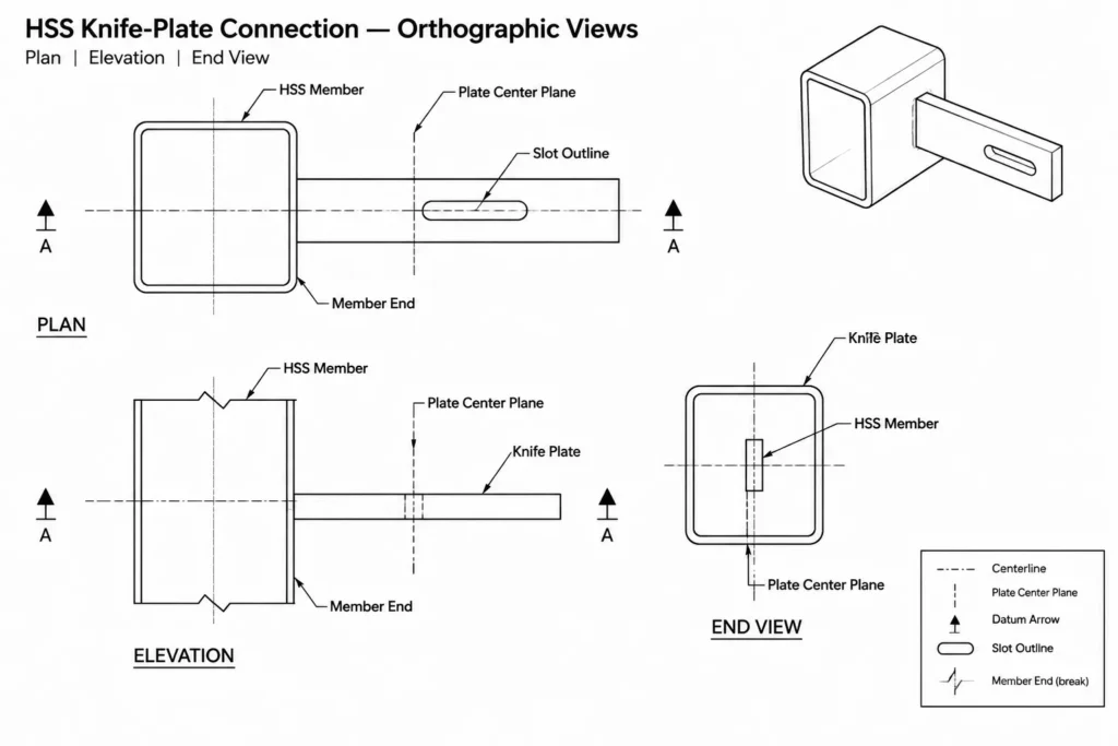 HSS Knife-Plate Connections: Slot Geometry, Fit-Up, Welding, and Detailing structural steel illustration
