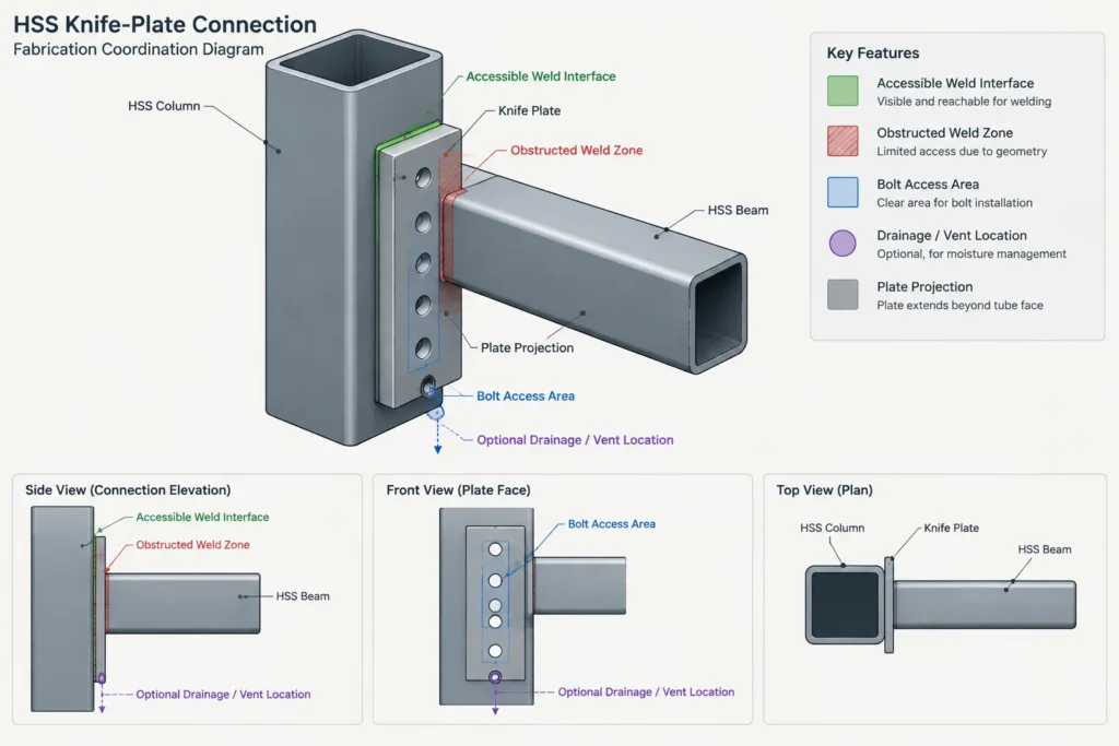 HSS Knife-Plate Connections: Slot Geometry, Fit-Up, Welding, and Detailing structural steel illustration