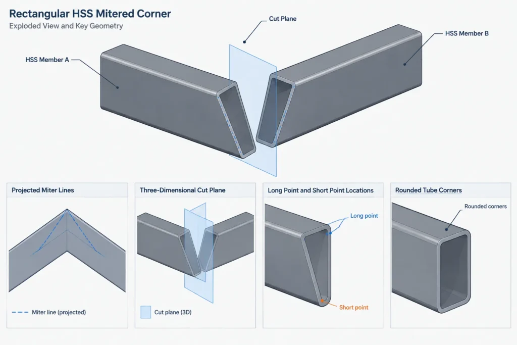 Mitered HSS Corners: Centerline Geometry, Cut Planes, and Shop Detailing structural steel illustration