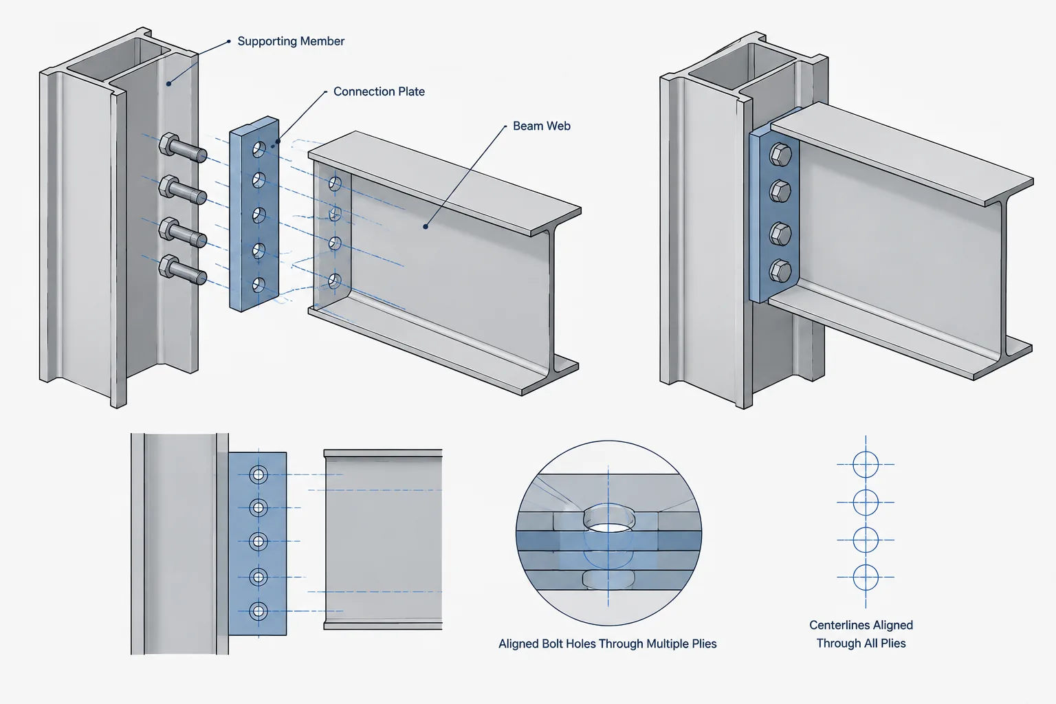 Multi-Ply Bolt Hole Alignment in Steel Connections: Datums, Stack-Up, and Drawing Coordination structural steel illustration