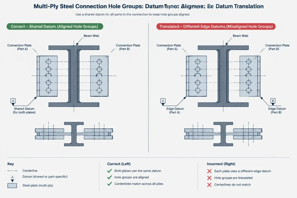 Multi-Ply Bolt Hole Alignment in Steel Connections: Datums, Stack-Up, and Drawing Coordination structural steel illustration