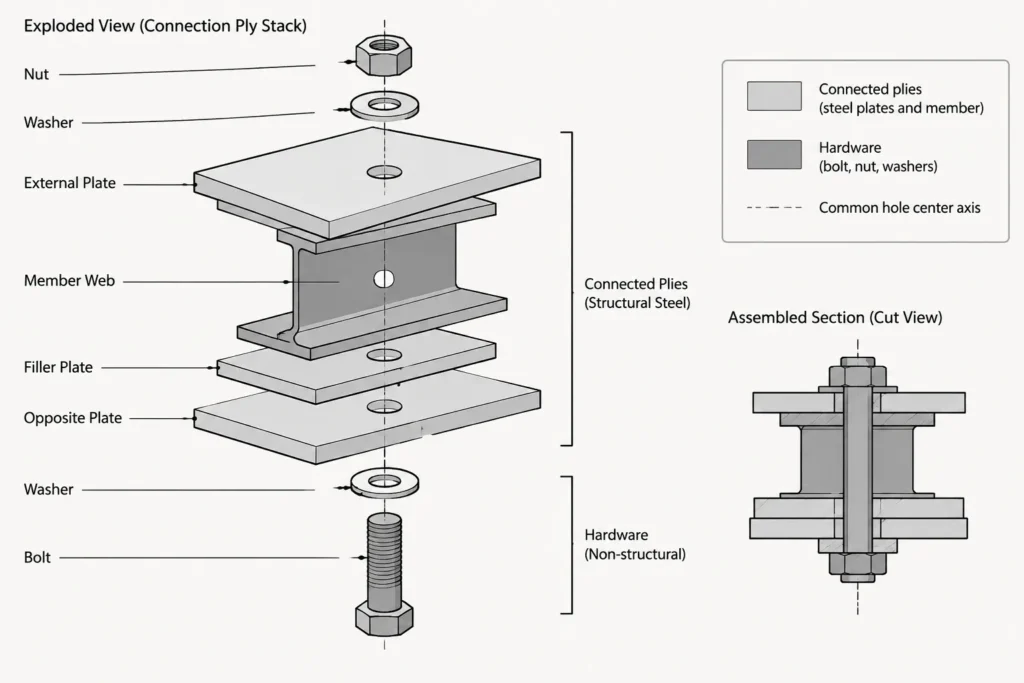 Multi-Ply Bolt Hole Alignment in Steel Connections: Datums, Stack-Up, and Drawing Coordination structural steel illustration