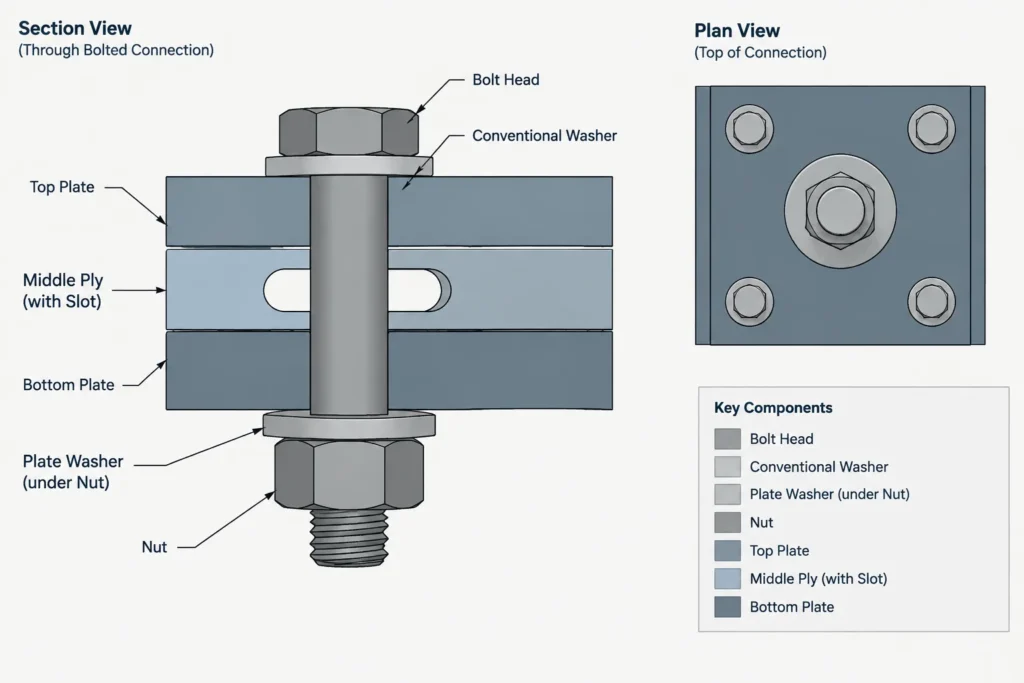 Plate Washers at Slotted and Oversized Bolt Holes: Coverage, Movement, and Detailing Coordination structural steel illustration