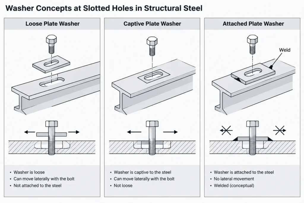 Plate Washers at Slotted and Oversized Bolt Holes: Coverage, Movement, and Detailing Coordination structural steel illustration