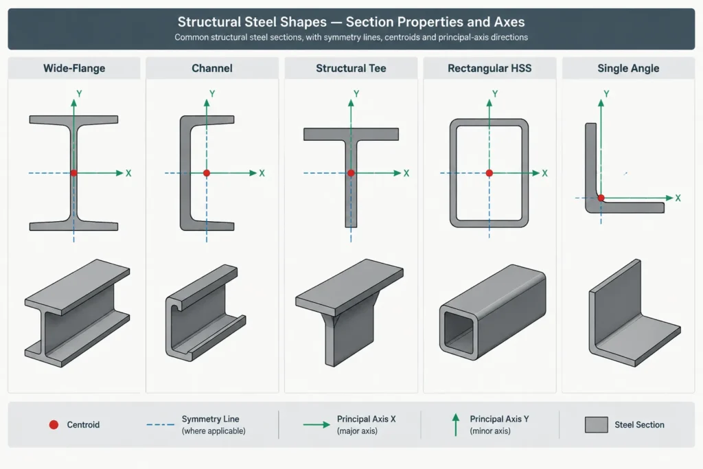 Principal Axes of Structural Steel Sections: Rotation, Ixy, and CAD Orientation structural steel illustration