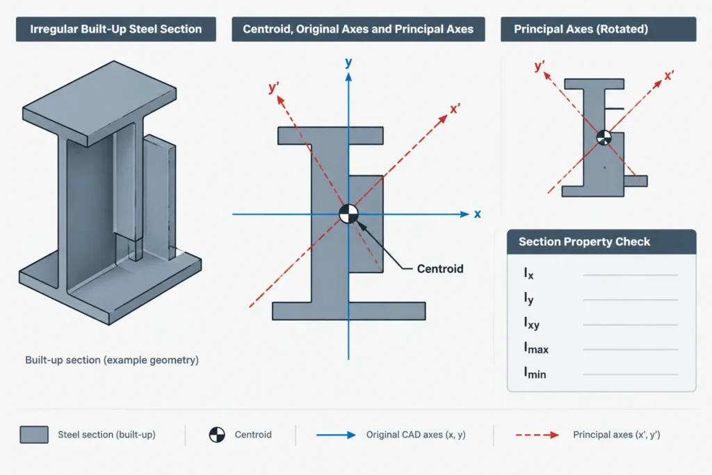 Principal Axes of Structural Steel Sections: Rotation, Ixy, and CAD Orientation structural steel illustration