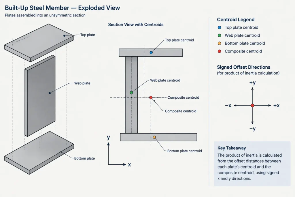 Product of Inertia Ixy in Steel Sections: Unsymmetric Bending and Principal Axes structural steel illustration