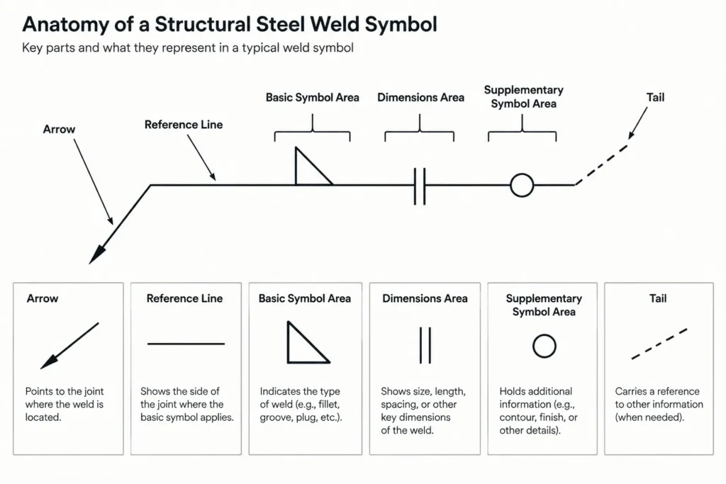 Reading Structural Steel Weld Symbols: Arrow Side, Other Side, and Joint Location structural steel illustration