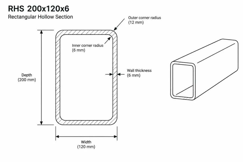 RHS 200x120x6 structural steel illustration