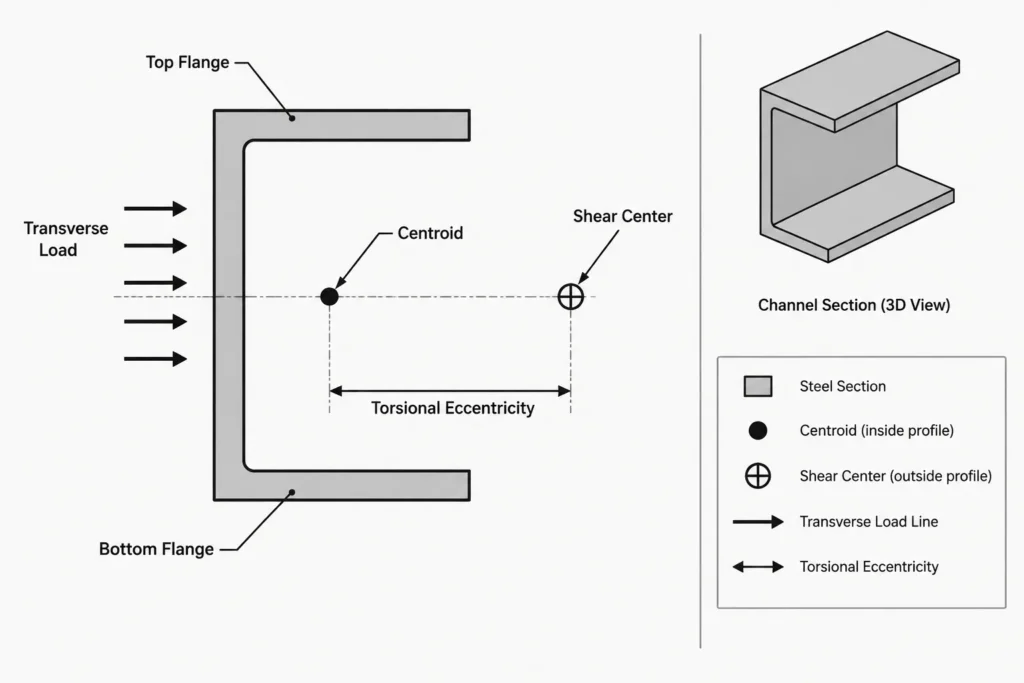 Shear Center vs. Centroid in Structural Steel Sections: Why Load Location Can Cause Twist structural steel illustration