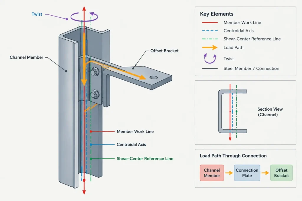 Shear Center vs. Centroid in Structural Steel Sections: Why Load Location Can Cause Twist structural steel illustration