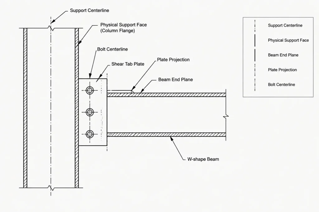 Shear Tab Connections in Steel Detailing: Datums, Plate Geometry, and Beam-End Coordination structural steel illustration