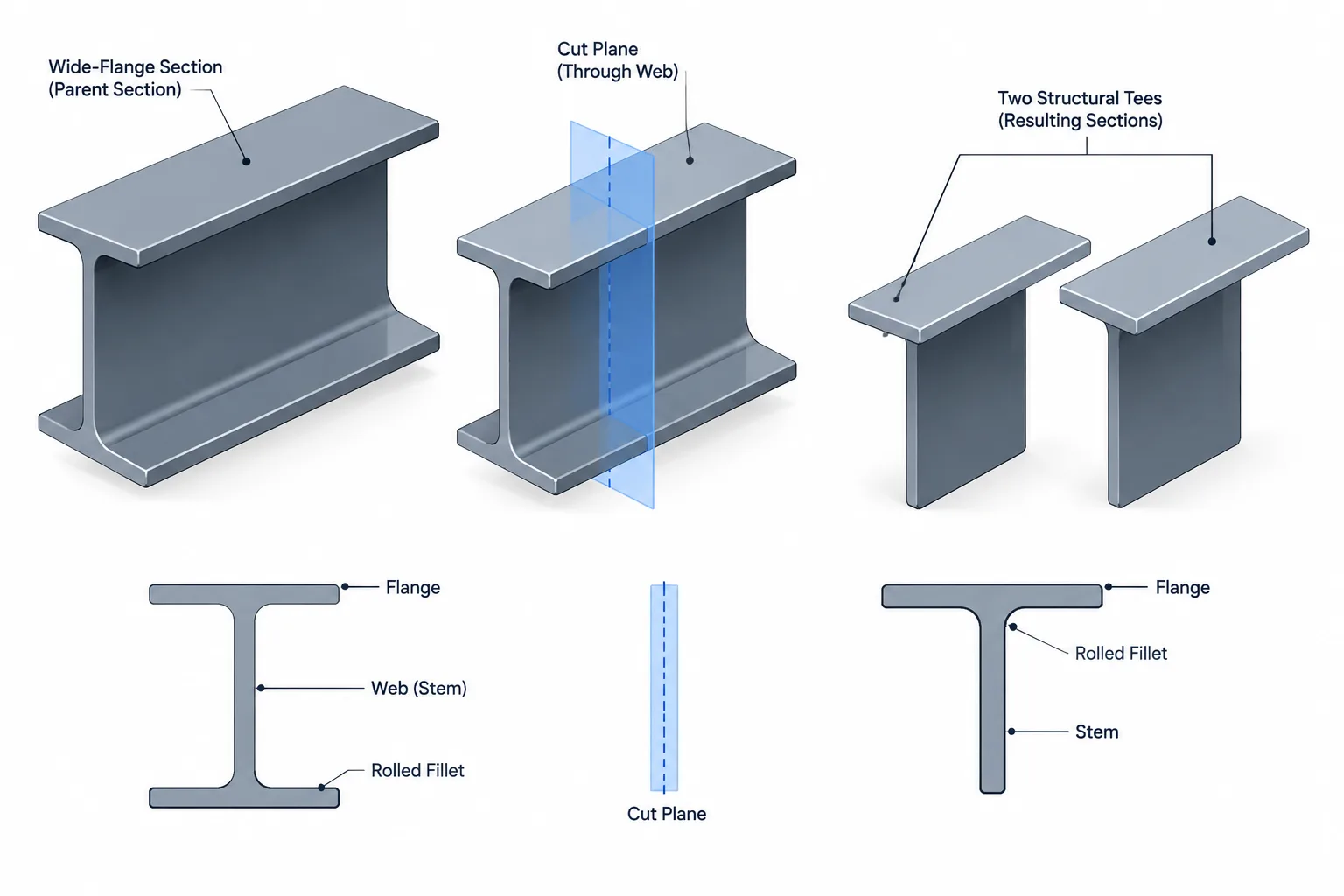 Split Structural Tees: Parent Shapes, Cut Lines, and Detailing Coordination