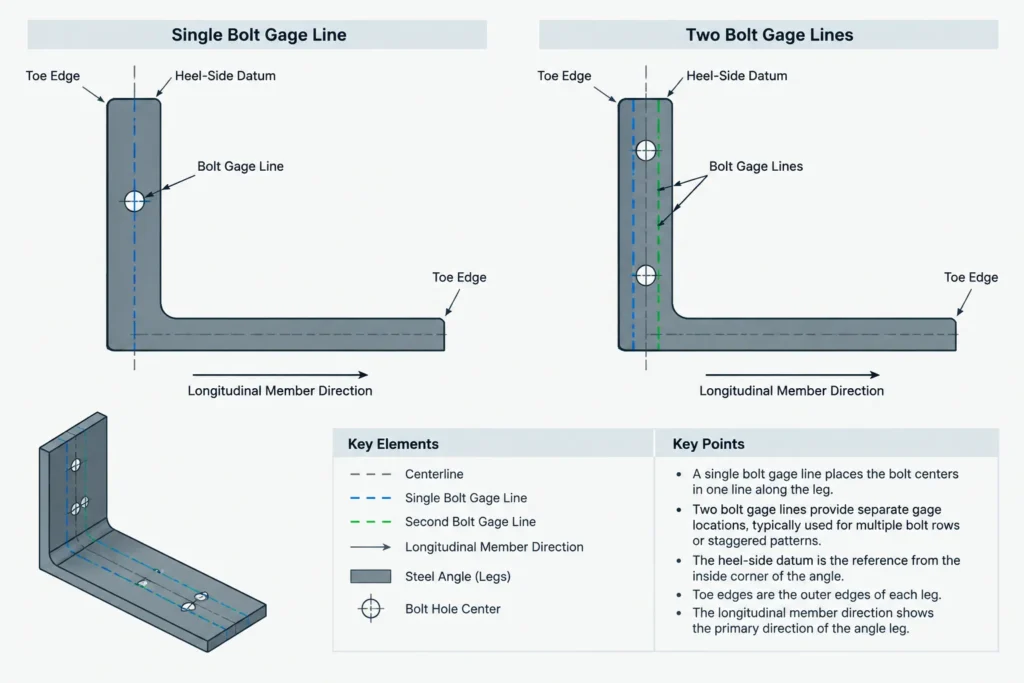 Steel Angle Bolt Gage: Heel, Toe, Leg Orientation, and Hole Layout structural steel illustration