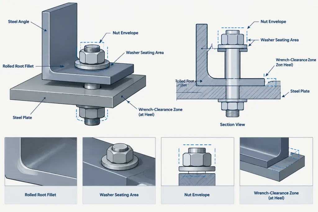 Steel Angle Bolt Gage: Heel, Toe, Leg Orientation, and Hole Layout structural steel illustration