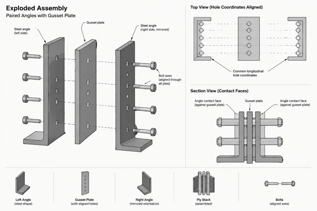 Steel Angle Bolt Gage: Heel, Toe, Leg Orientation, and Hole Layout structural steel illustration