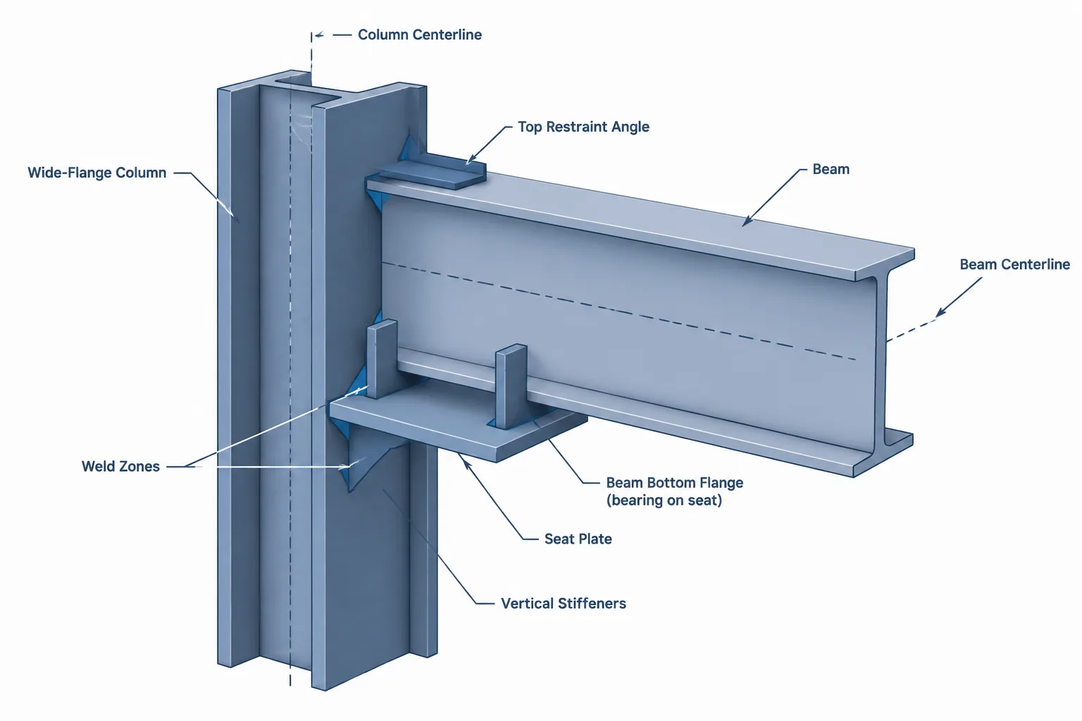 Steel Beam Seat Connections: Load Path, Bearing, Fit-Up, and Detailing structural steel illustration