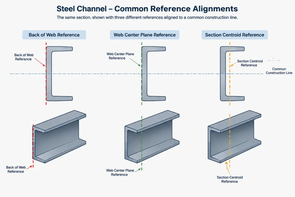 Steel Channel Centroid Offset: Web Backs, Member Centerlines, and CAD Placement structural steel illustration
